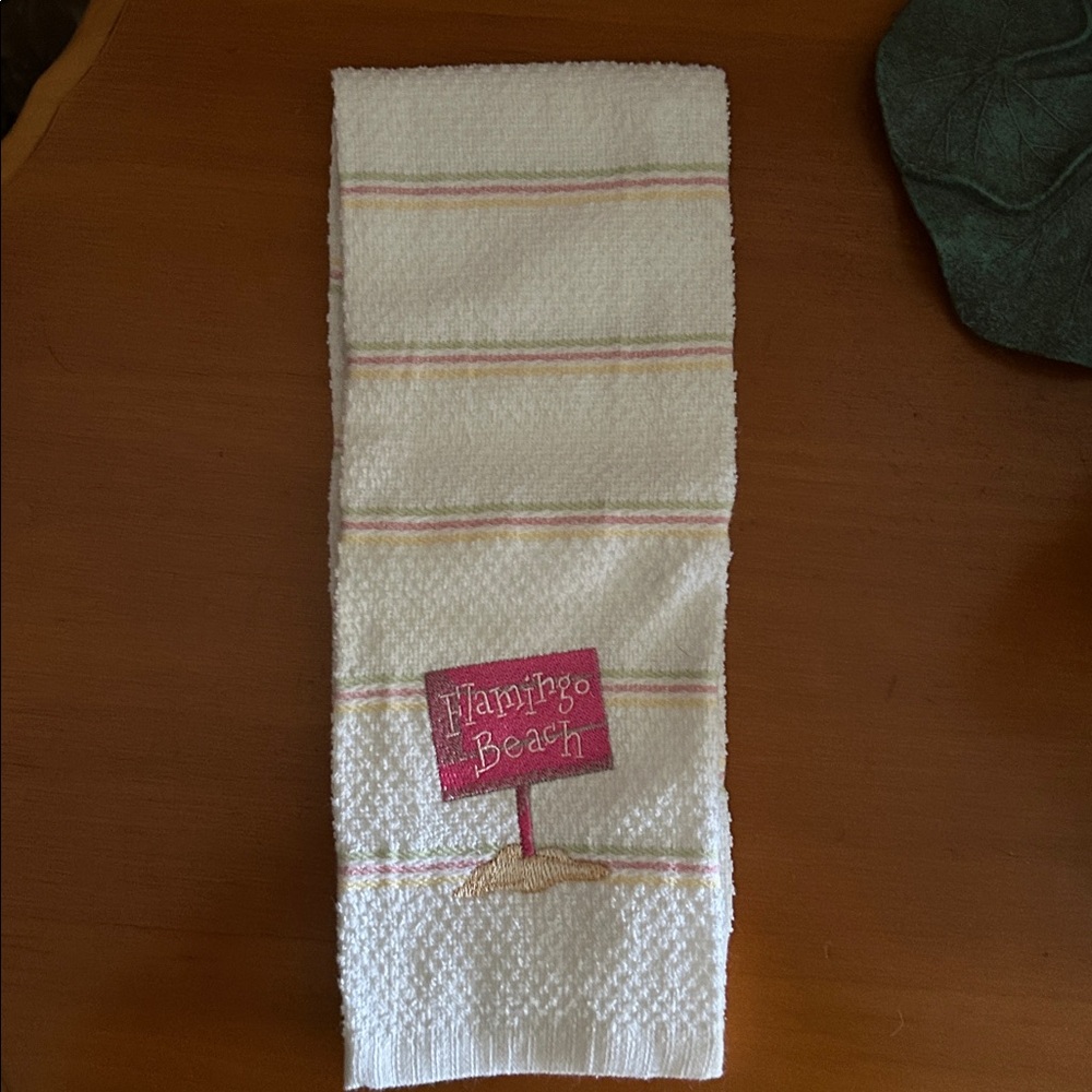 White Kitchen Towel with Pink Flamingo Beach Design